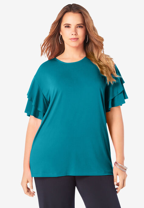 Ultrasmooth® Fabric Ruffle-Sleeve Top, DEEP TURQUOISE, hi-res image number null