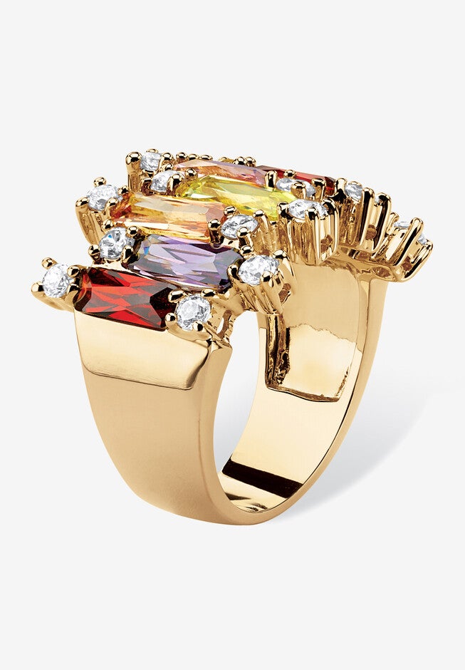 7.44 Tcw Emerald-Cut Multicolor Cubic Zirconia Yellow Gold-Plated Ring, , on-hover image number null