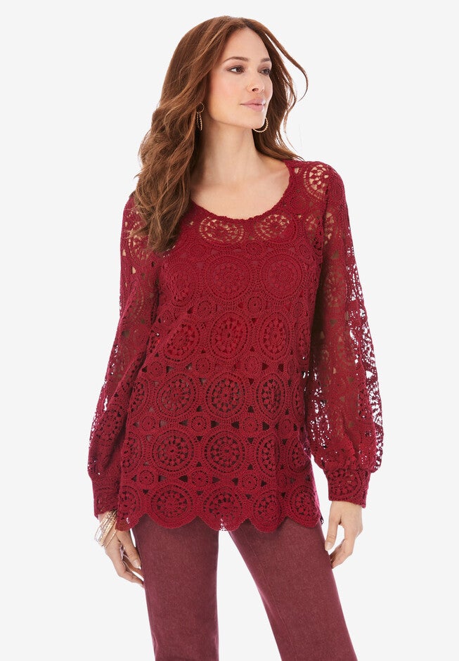Scallop Crochet Pullover, RICH BURGUNDY, hi-res image number null
