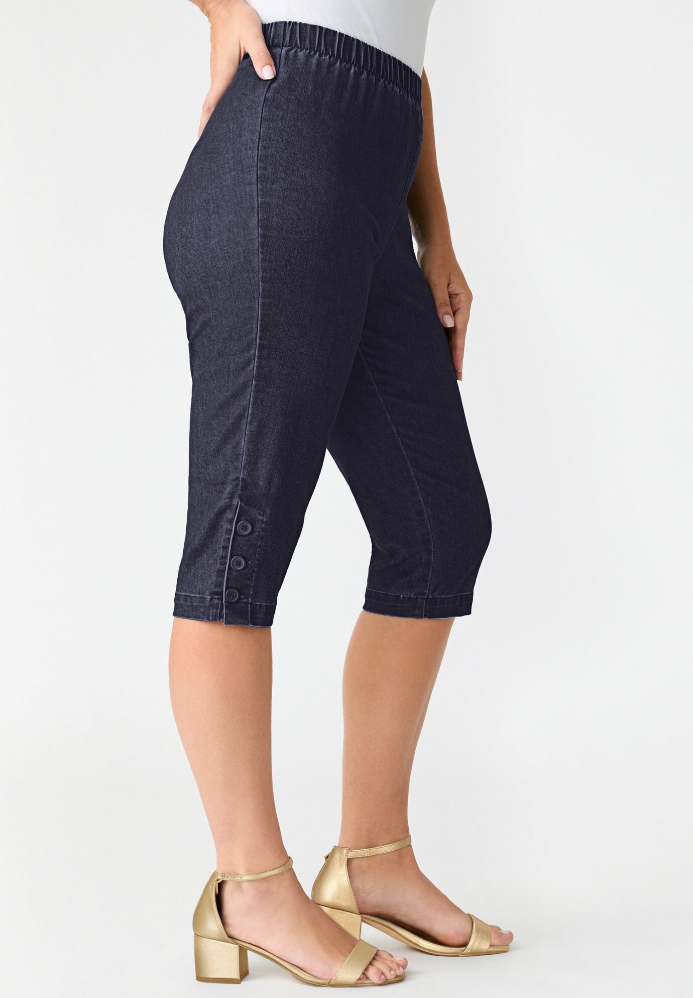 Plus Size Comfort Stretch Button Detail Capri Jean, INDIGO WASH, hi-res image number 0