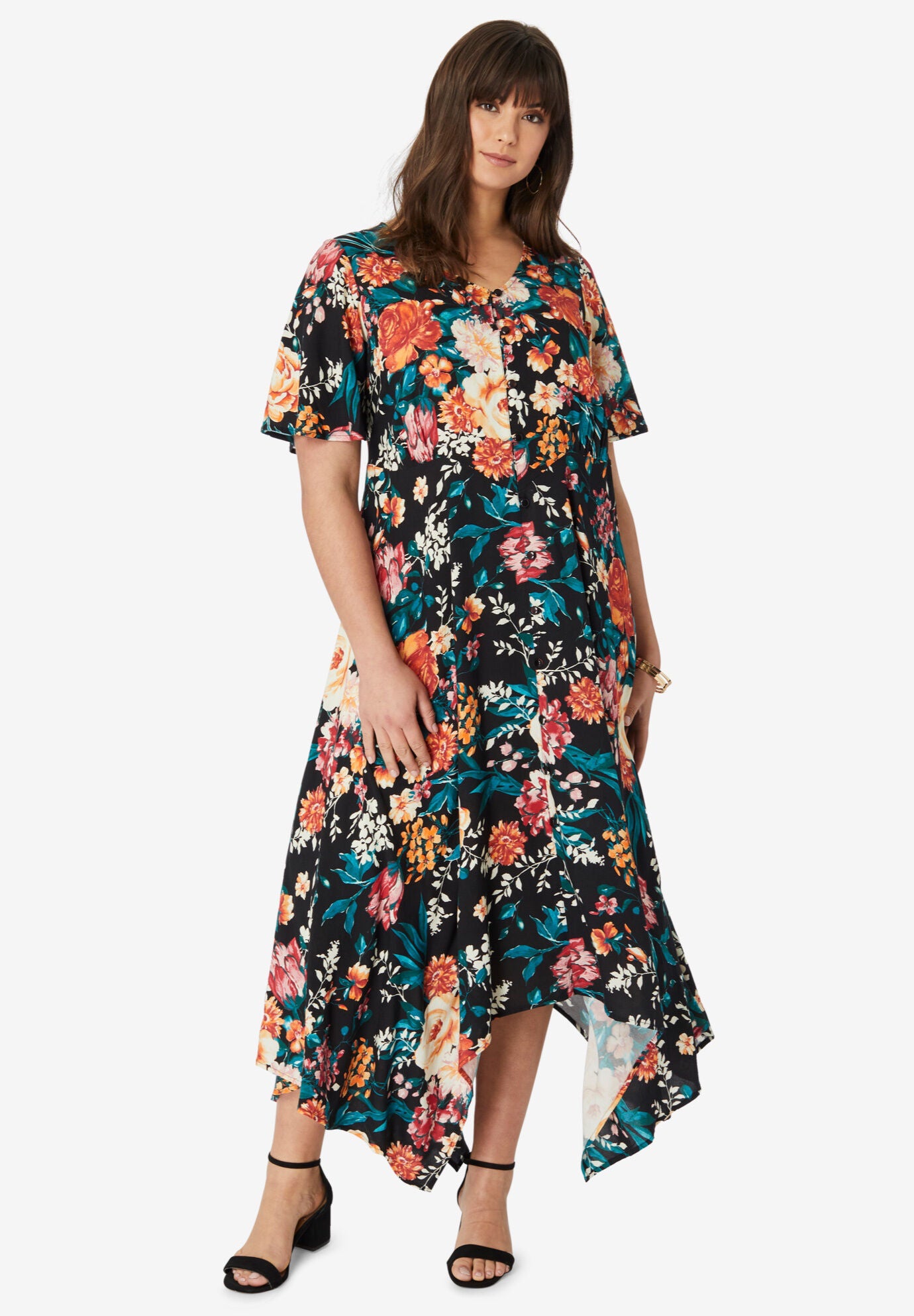 Handkerchief-Hem Midi Dress, BLACK ROSE FLORAL, hi-res image number 0