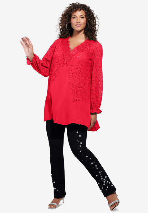 Lace & Georgette Swing Tunic, VIVID RED, hi-res image number null