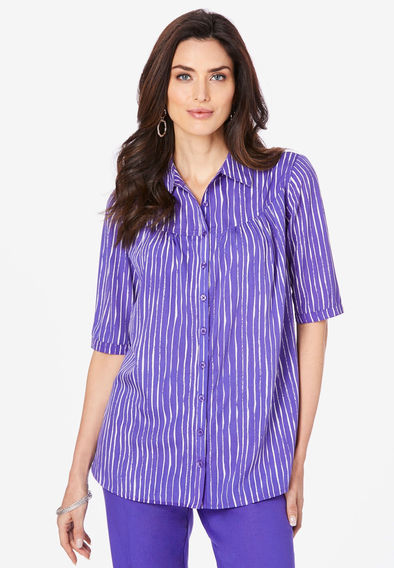 Shirred Button-Front Top, GRAPE PAINTERLY STRIPE, hi-res image number 0