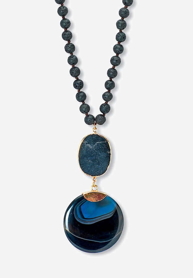 Genuine Black Agate And Lava Stone Beaded Goldtone Drop Necklace, 34-Inch Length, AGATE, hi-res image number 0