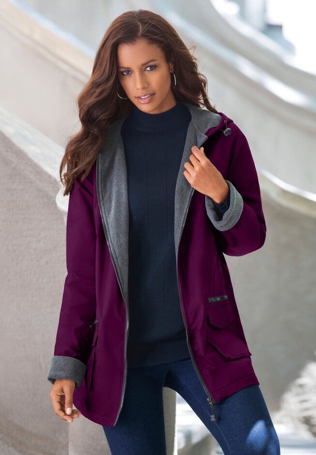 Plus Size Hooded Nylon Jacket, DARK BERRY, hi-res image number 0
