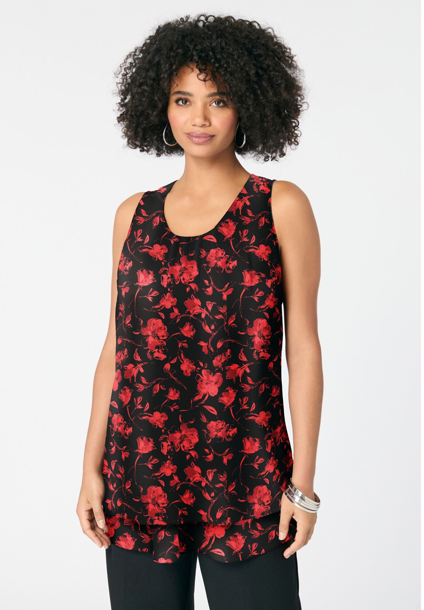 Double-Layer Georgette Tank Top, BLACK SKETCHED FLOWERS, on-hover image number 1