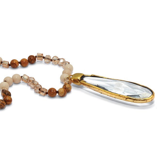 Crystal Pendant and Genuine Jasper and White Agate Goldtone Necklace 32-inch, WHITE, on-hover image number null