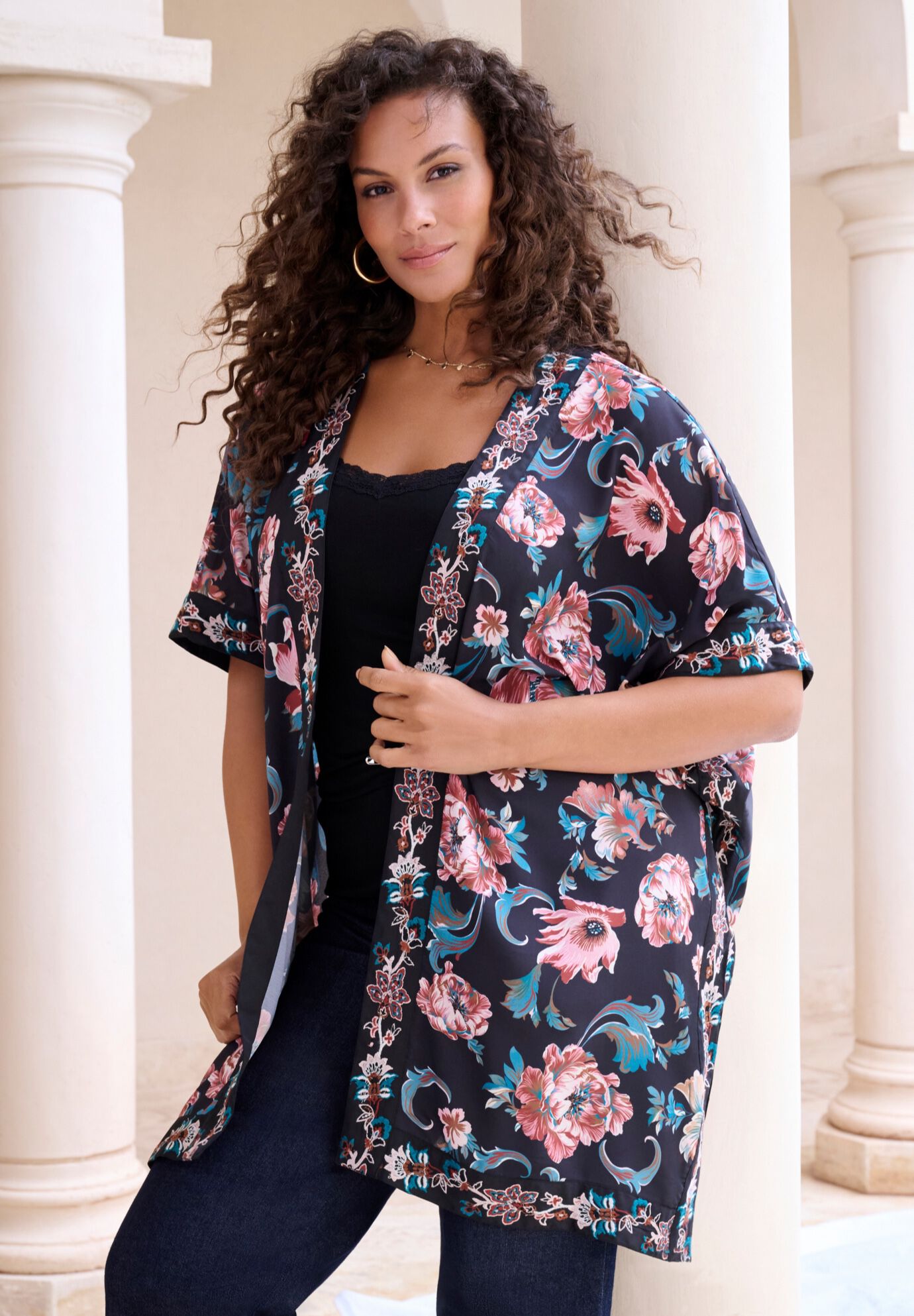 Plus Size Drape Embroidered Kimono, , alternate image number 2