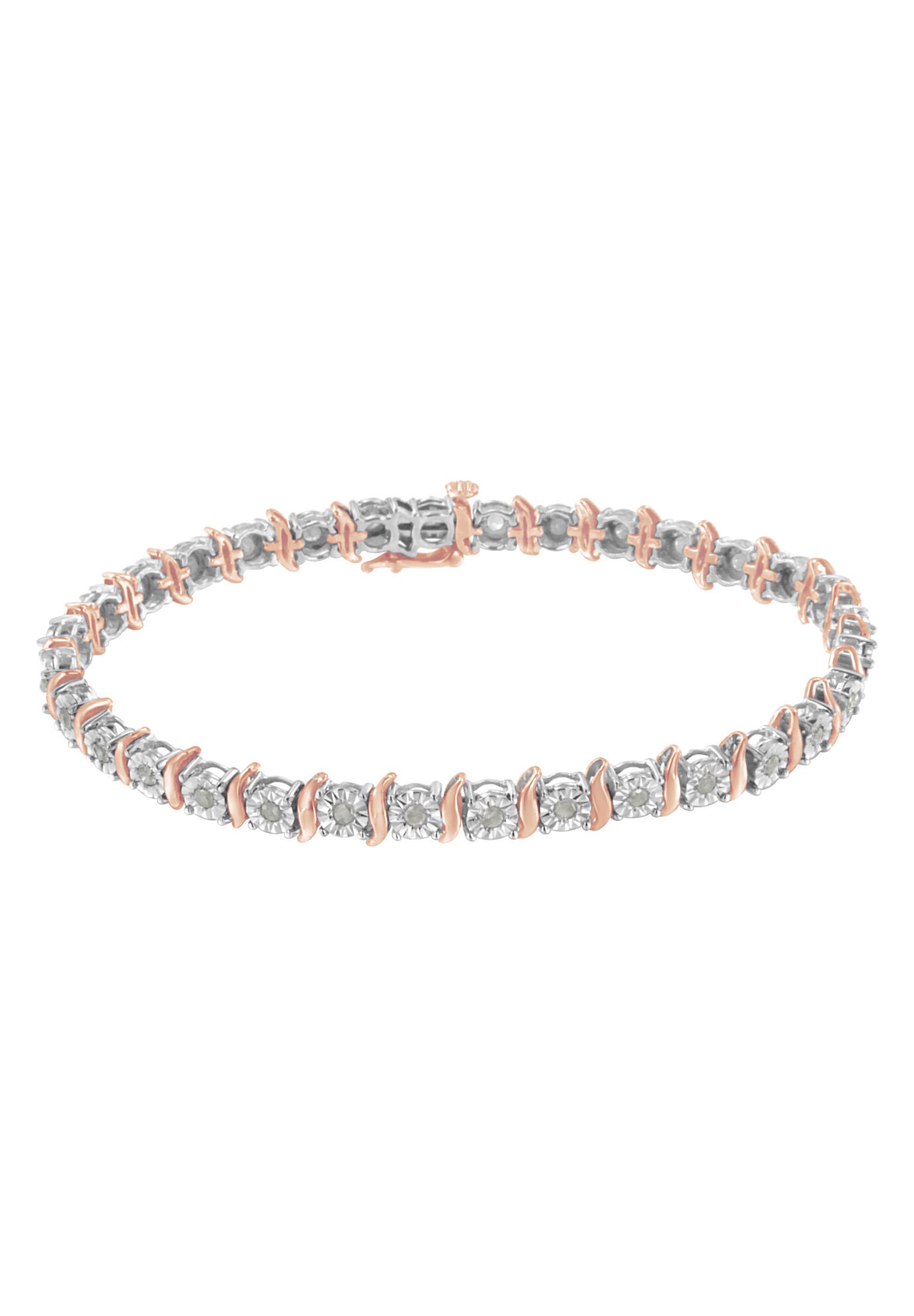 Two Tone Rose Gold Over Sterling Silver Diamond Scurve Link Miracleset Tennis Bracelet 8 inches, , on-hover image number 1