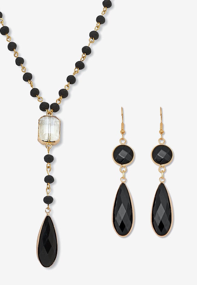 Black Crystal Goldtone Drop Necklace And Crystal Earrings, 2-Piece Set, BLACK GOLD, hi-res image number 0