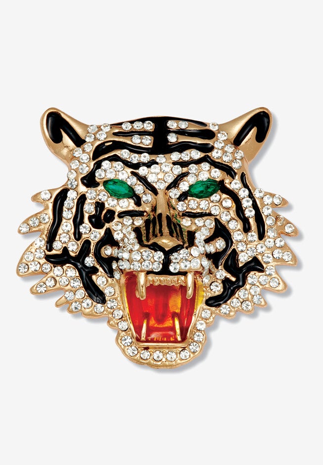 Marquise Cut Green Crystal And Enamel Goldtone Tiger Pin Pendant, GREEN, hi-res image number 0