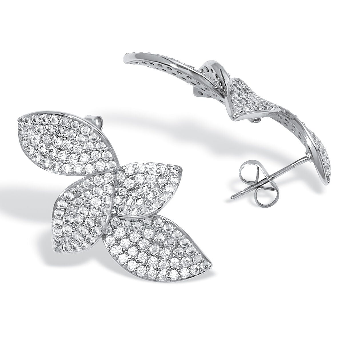 Round Pave-Style Crystal Silvertone Drop Flower Shape Earrings, WHITE, on-hover image number 1