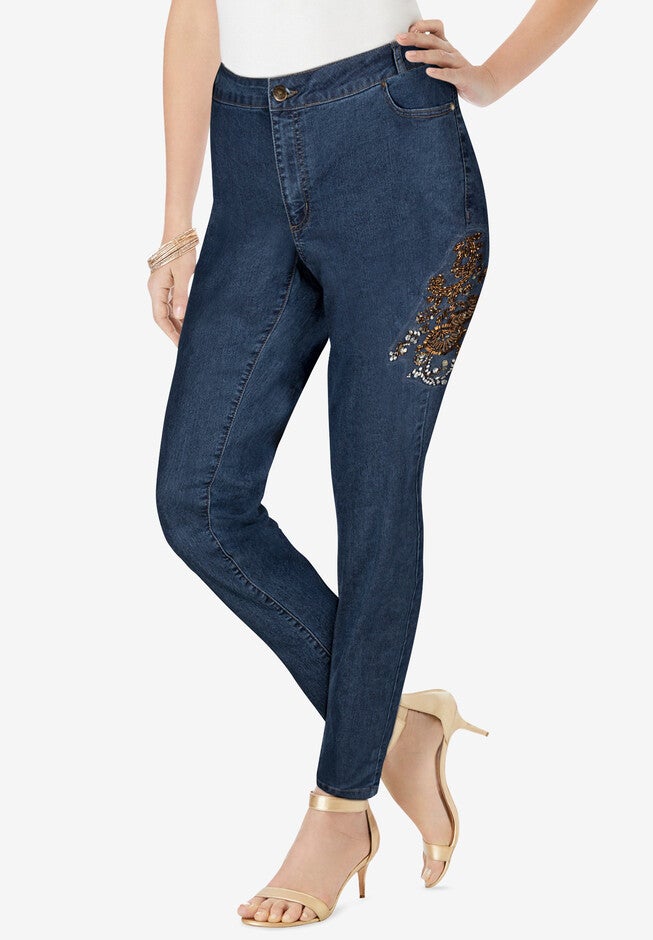 Embellished Skinny Jean, GOLD FLORAL EMBELLISHMENT, hi-res image number 0