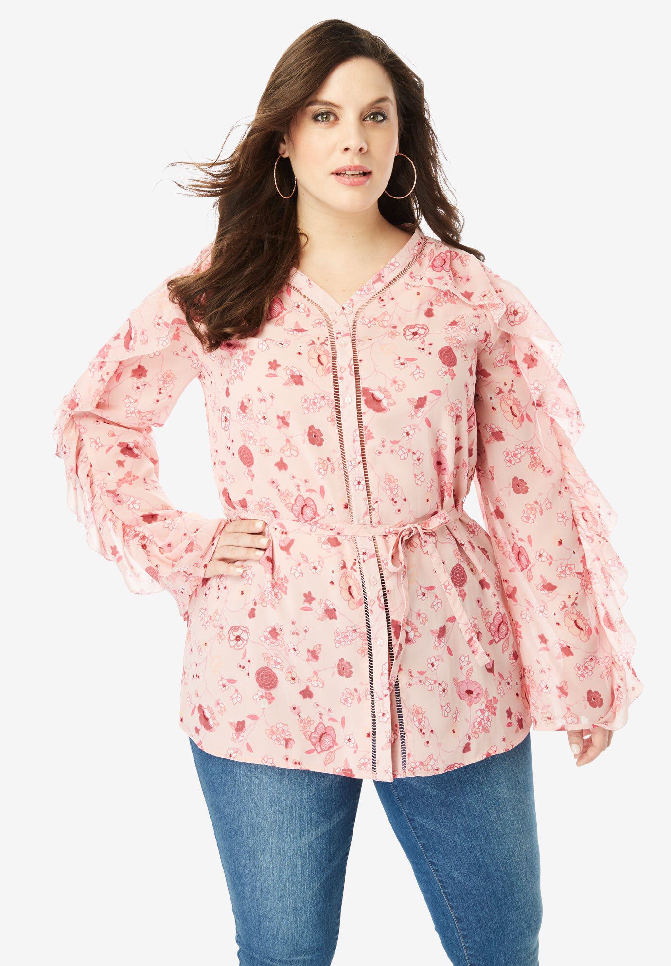 Ruffle-Sleeve Tunic with Tie Waist, BLUSH MULTI FLORAL, hi-res image number 0