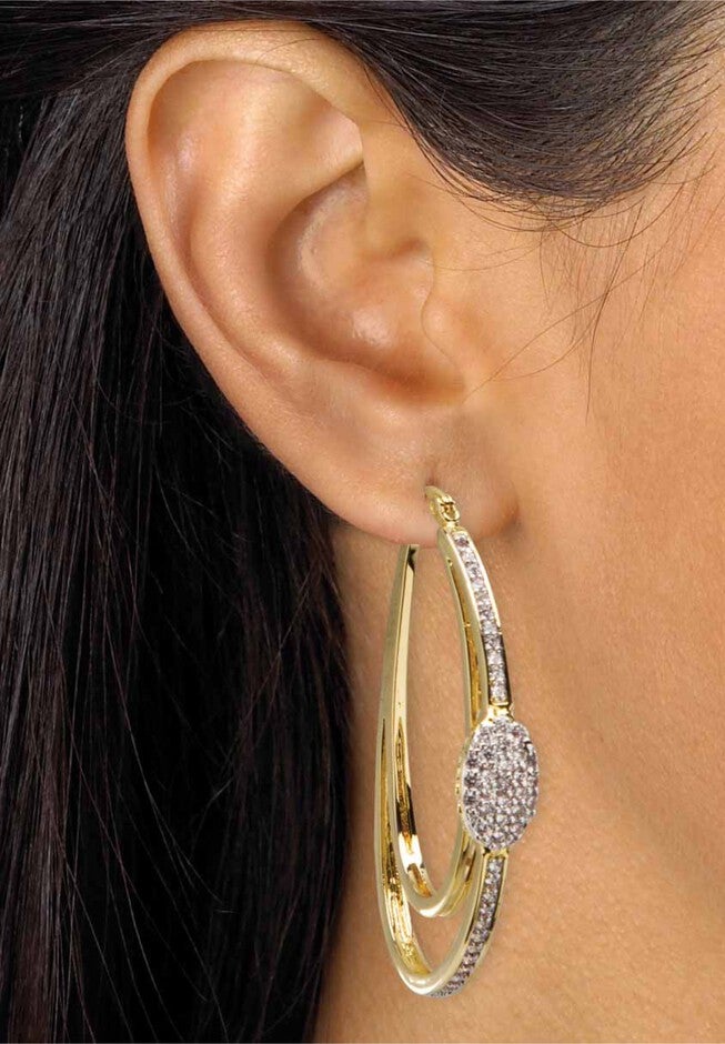 Gold-Plated Double Hoop Earrings with Cubic Zirconia, , alternate image number 2