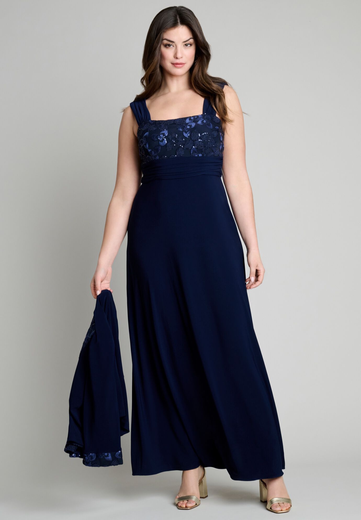 Plus-Size 2 Piece 3/4 Sleeve Embellished Jacket and Gown, NAVY, alternate image number 1