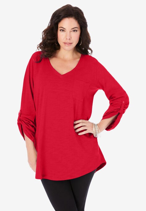 Lightweight Textured Slub Knit Boyfriend Tunic, VIVID RED, hi-res image number null
