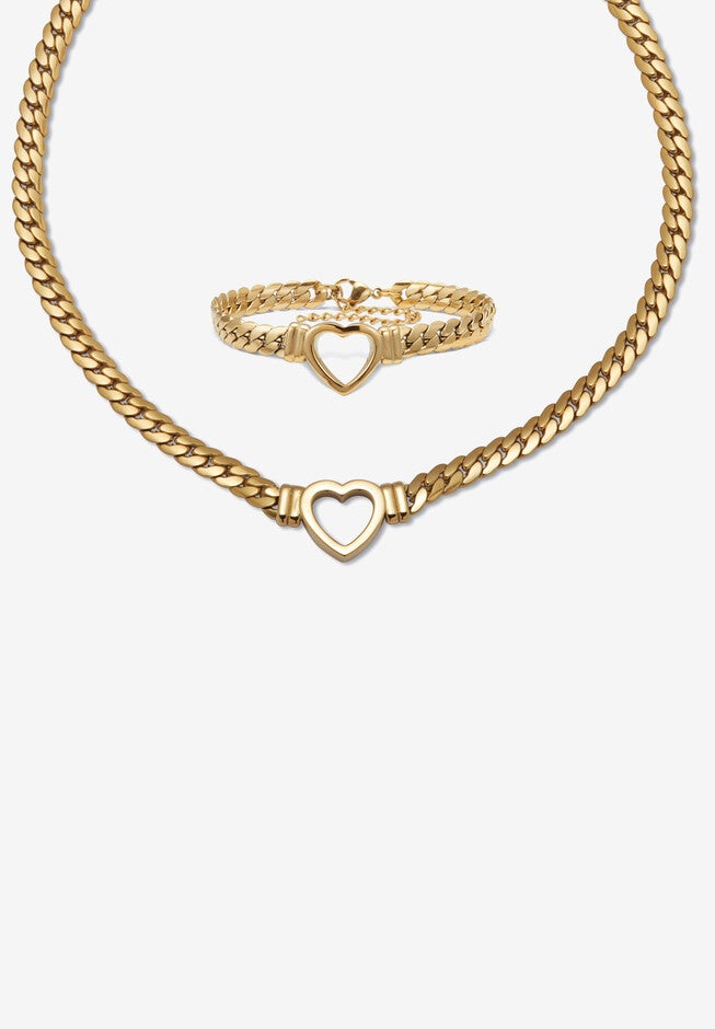 Yellow Gold Ion-Plated Stainless Steel Heart Bracelet And Necklace 16 Inch, GOLD, hi-res image number null