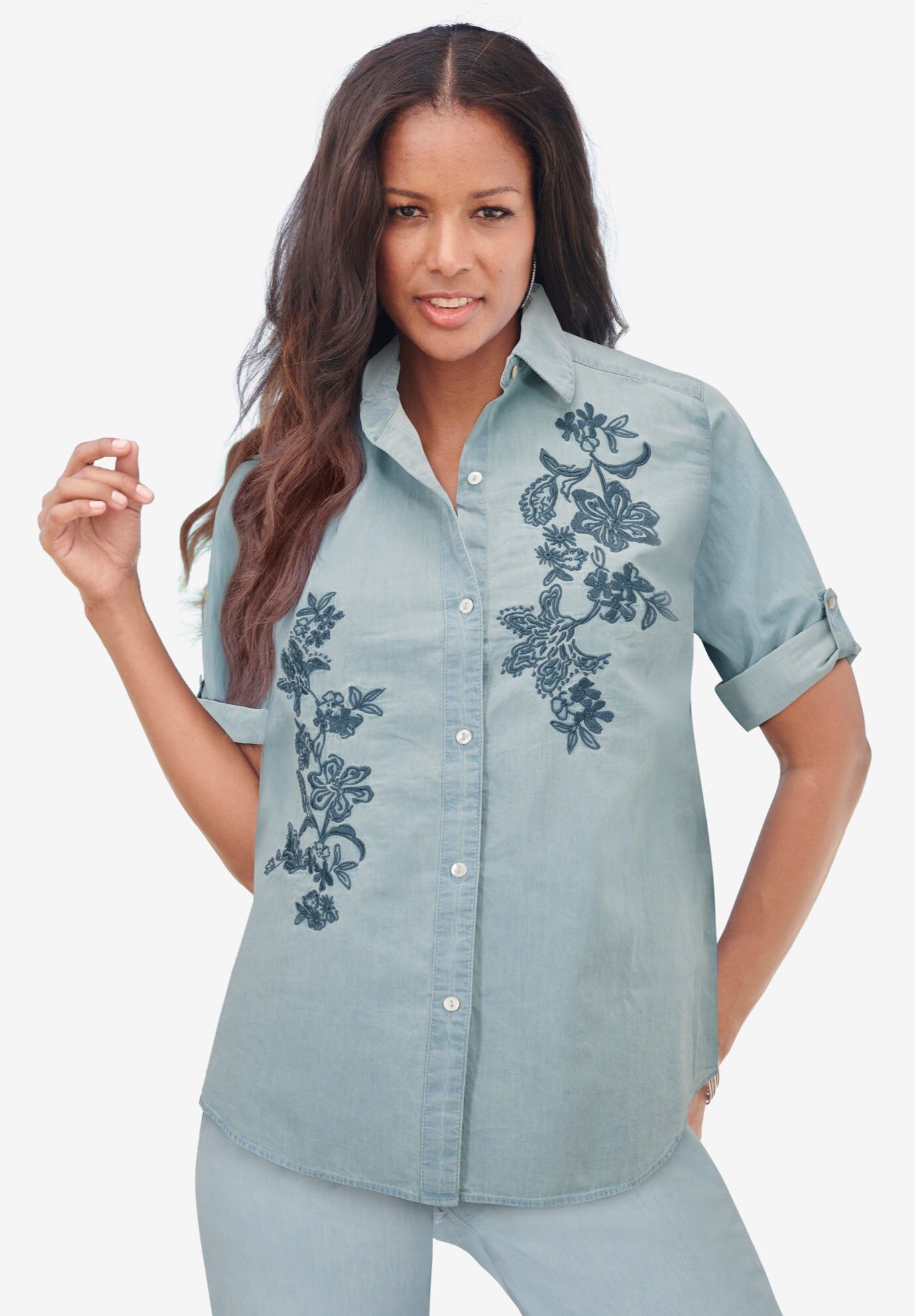 Chambray Roll-Tab Shirt, CHAMBRAY FLOWER EMBROIDERY, hi-res image number 0