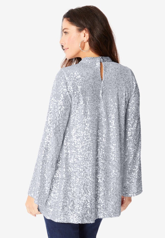 Sequin Mock Neck Blouse, , on-hover image number null