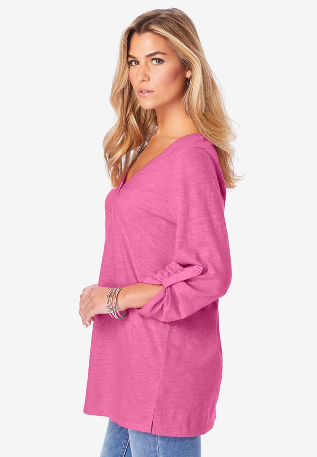 V-Neck Henley Slub Cotton Tee, , alternate image number null