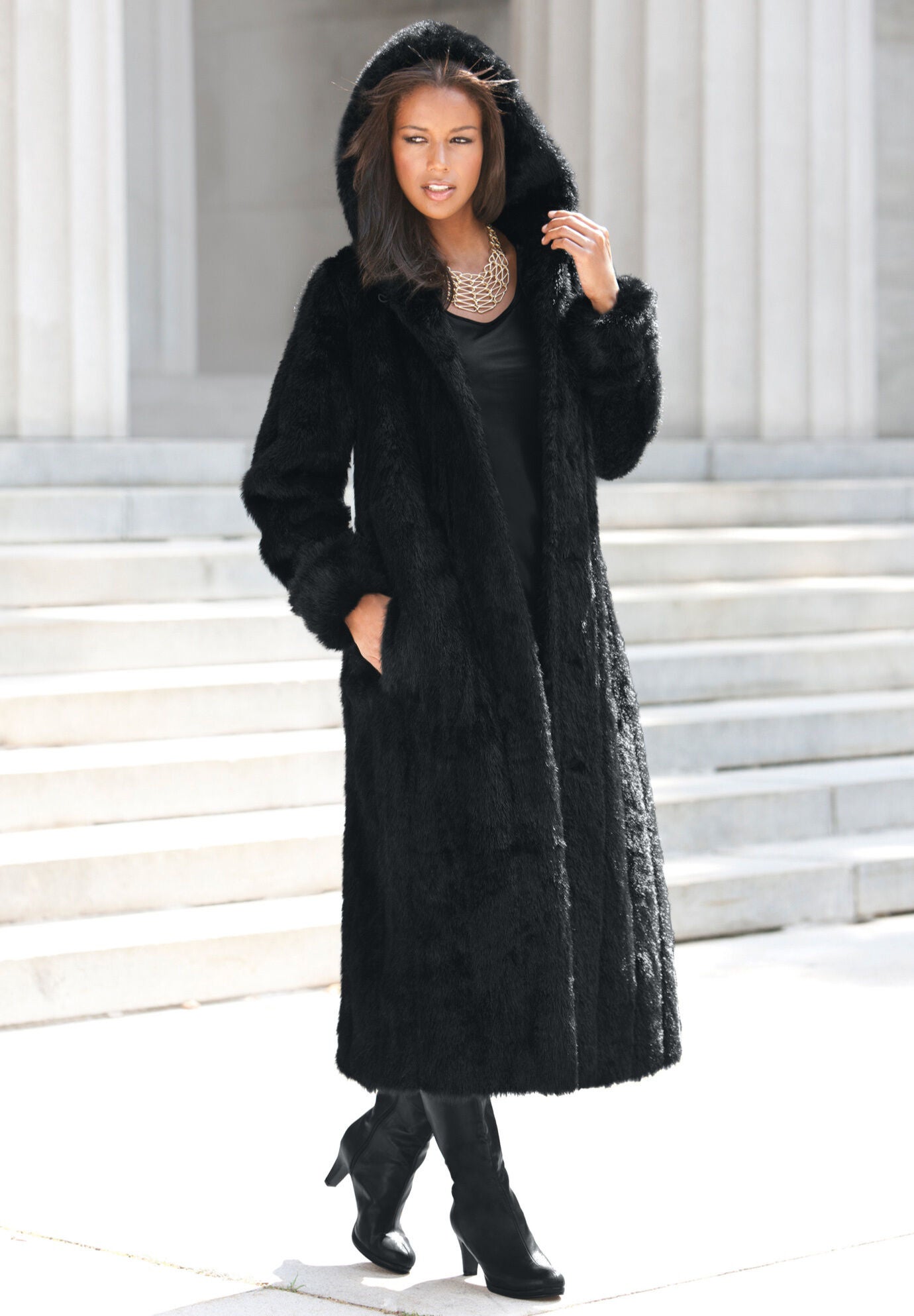 Black faux fur coat with hood discount
