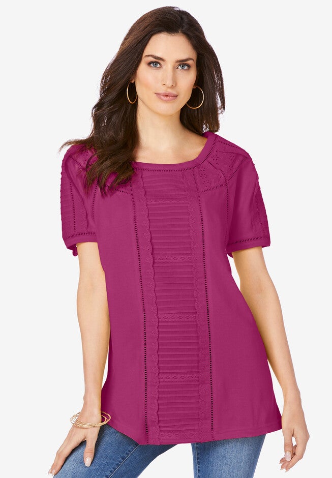 Eyelet Raglan-Sleeve Tee, RASPBERRY, hi-res image number null
