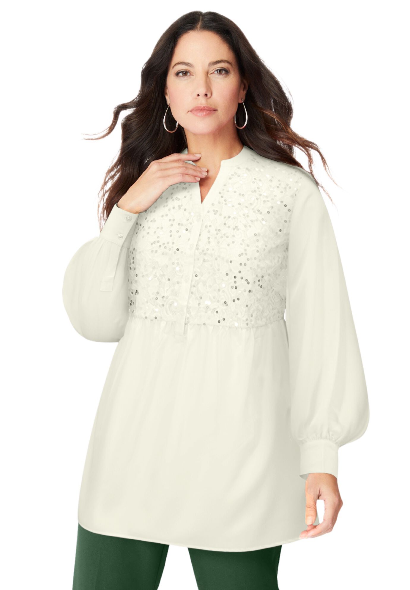 Sequined Lace-Paneled Top, IVORY, on-hover image number 1