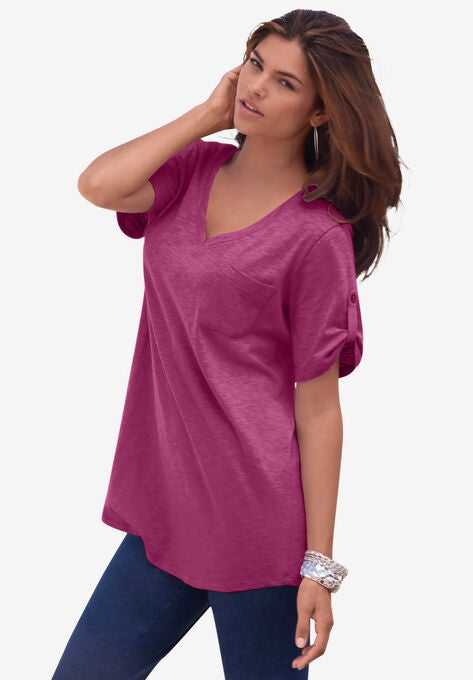 V-Neck Boyfriend Slub Tunic, RASPBERRY, hi-res image number null