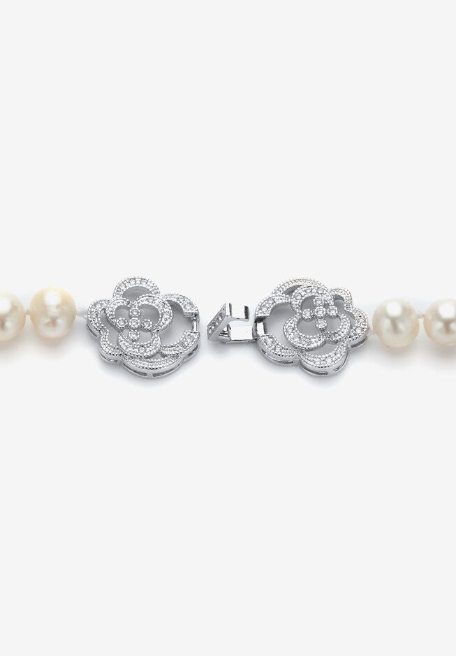 1.42 Cttw. White Genuine Pearl Necklace W/Cubic Zirconia Clasp Silvertone 32 inches, , on-hover image number null