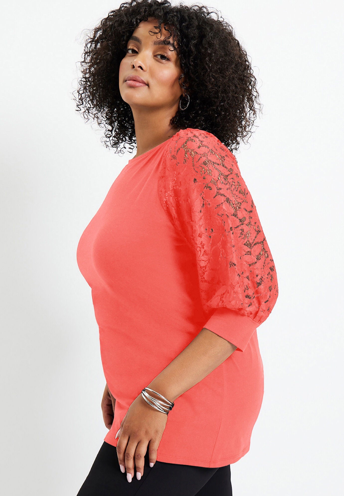 Lace-Trim Boatneck Top, , alternate image number 2