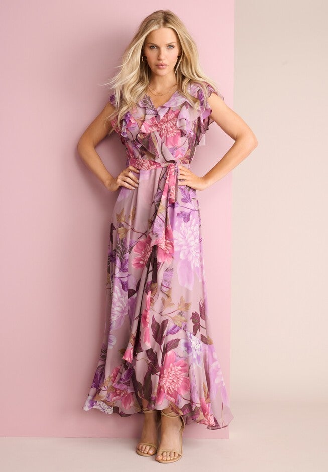 Ruffle Faux Wrap Maxi Dress, MAUVE MULTI, hi-res image number null