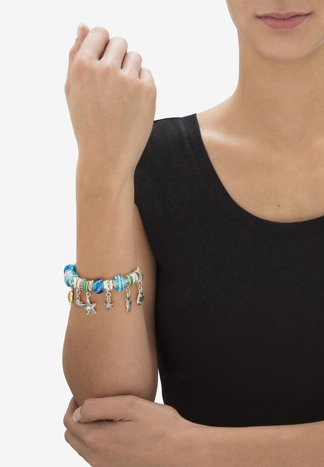 Silver Tone Antiqued Coastal Charm Bracelet (15Mm), Crystal, 7 Inches, , alternate image number null