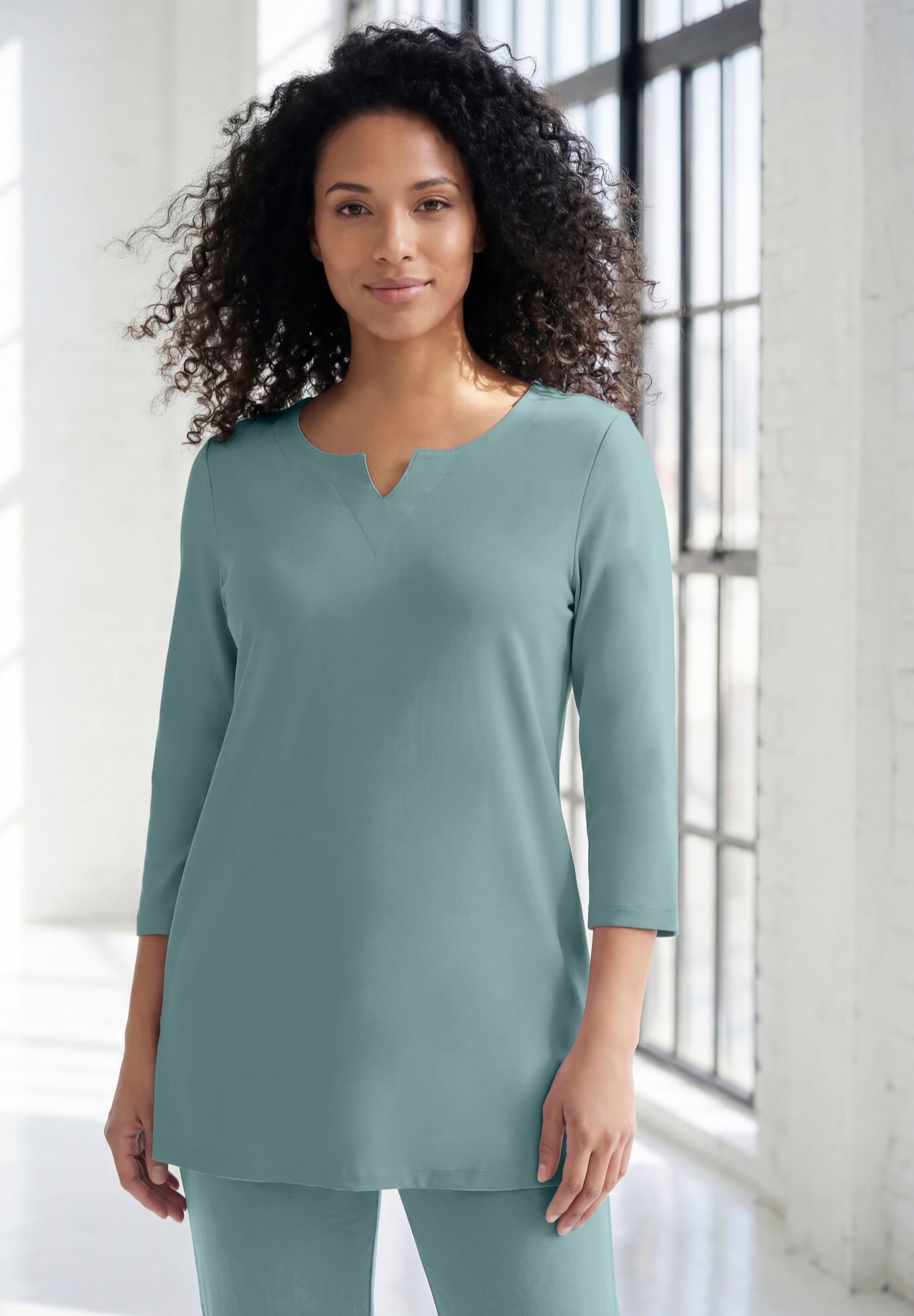 Plus Size Three-Quarter Sleeve Notch Neck Soft Knit Tunic