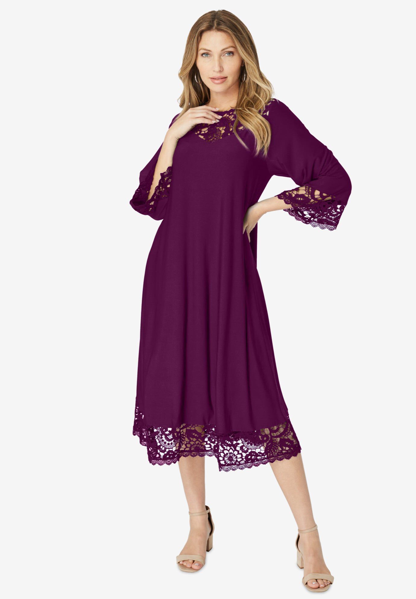 Plus Size Lace Cutout Fit and Flare Dress, DARK BERRY, hi-res image number 0