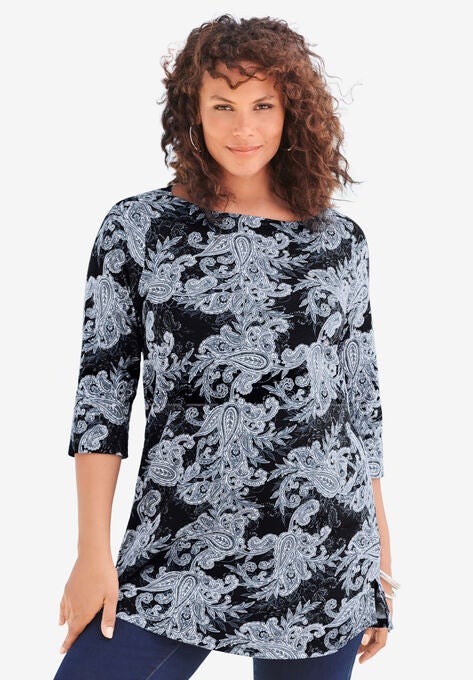Boatneck Ultimate Tunic with Side Slits, BLACK BANDANA PAISLEY, hi-res image number null