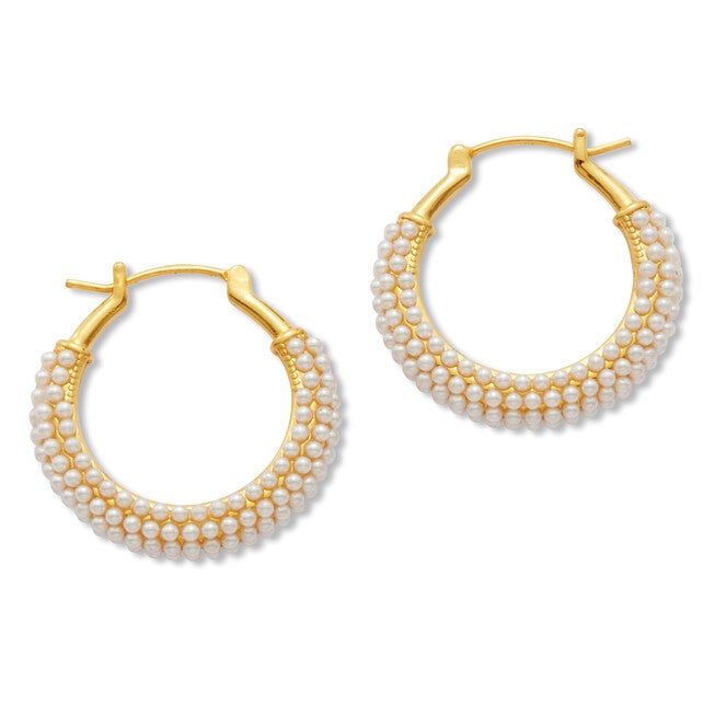 White Round Simulated Pave-Style Pearl Goldtone Hoop Earrings, WHITE, on-hover image number 1