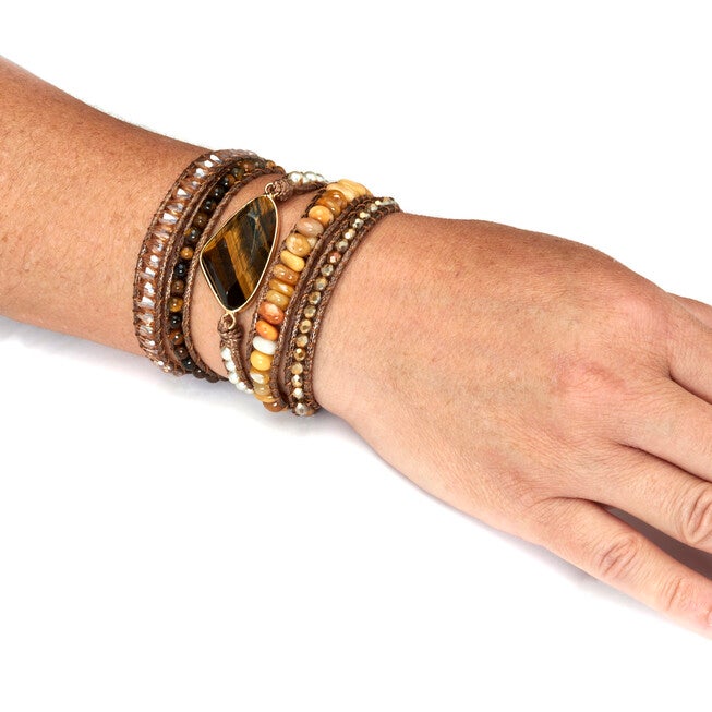 Genuine Brown Tiger's Eye Goldtone Wrap Bracelet 36-inch adjustable, BROWN, alternate image number null