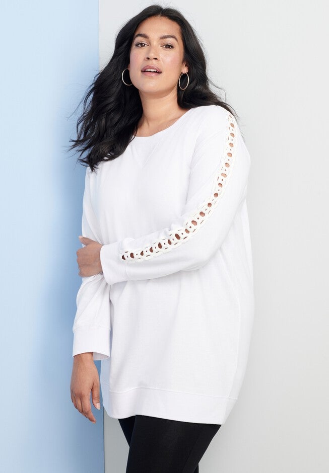 Crochet Sleeve Sweatshirt Tunic, , alternate image number null