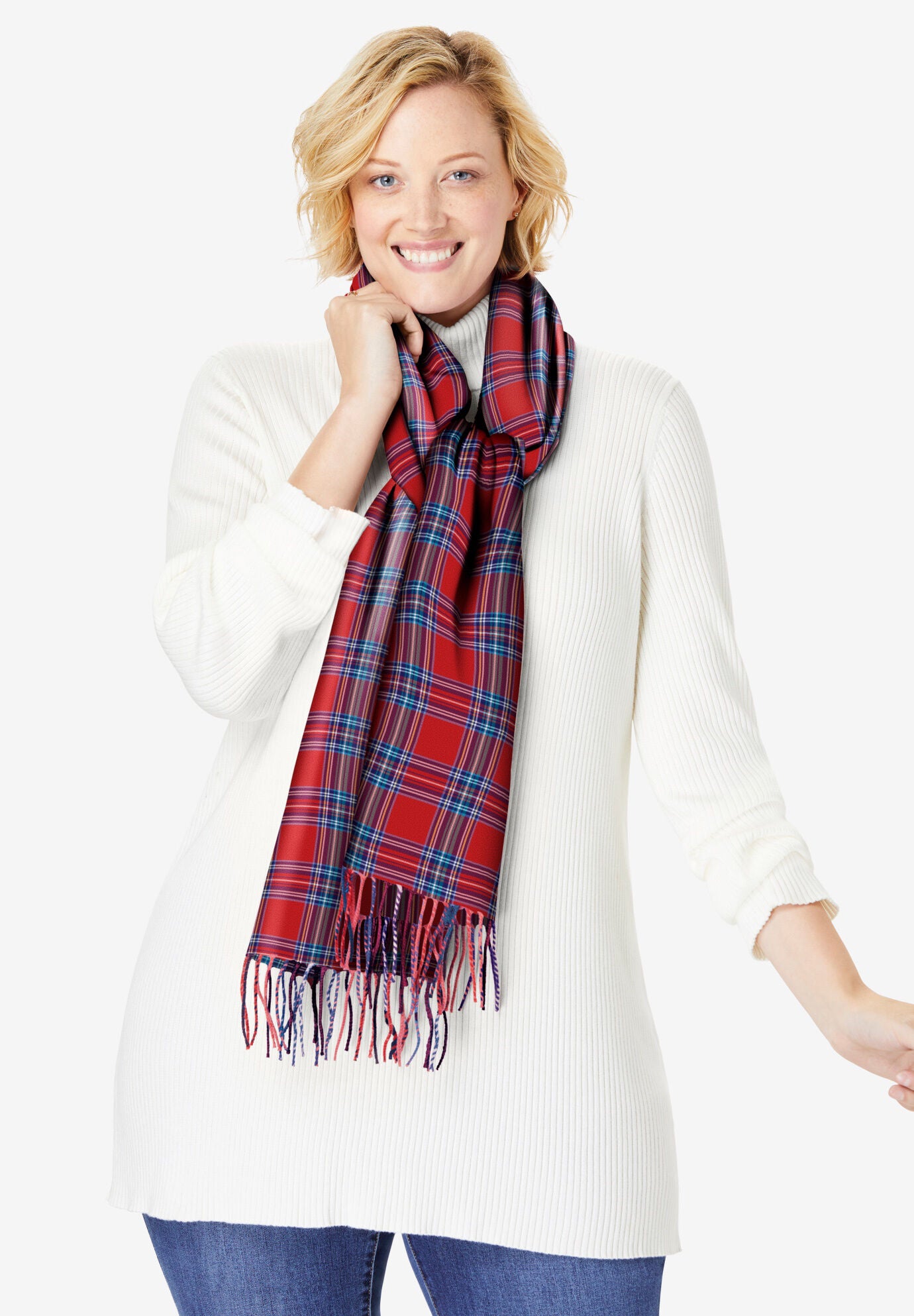 Plaid Fringed Scarf, RED FUN PLAID, hi-res image number 0