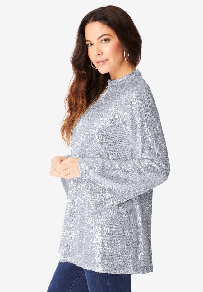 Sequin Mock Neck Blouse, , alternate image number null