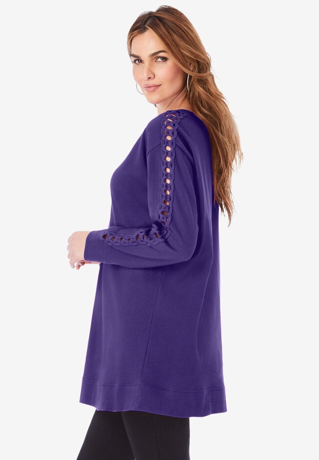 Crochet Sleeve Sweatshirt Tunic, , alternate image number null