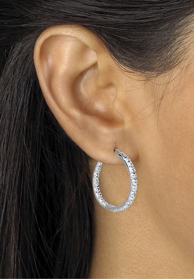 Platinum over Sterling Silver Genuine Diamond Hoop Earrings, , alternate image number 2