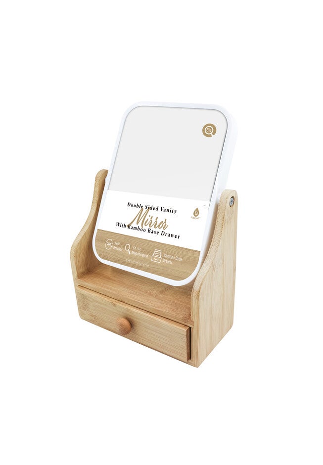 Dual Sided Mirror With Organizer Tray, Bamboo Base Drawer • 360° Rotation • 5X/ 1X Magnification, O, hi-res image number 0