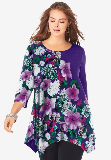 Printed Handkerchief-Hem Tunic, VIOLET FLORAL GARDEN, hi-res image number null