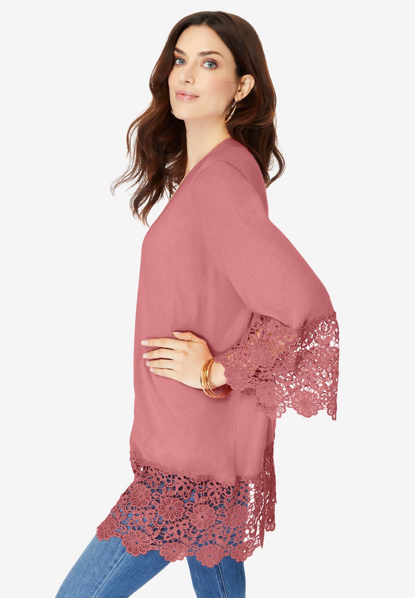 Fine Gauge Lace Trim Cardigan Sweater, , alternate image number 2