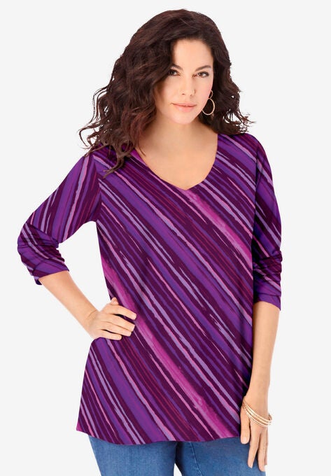 Long-Sleeve V-Neck Ultimate Tee, PURPLE WATERCOLOR STRIPE, hi-res image number null