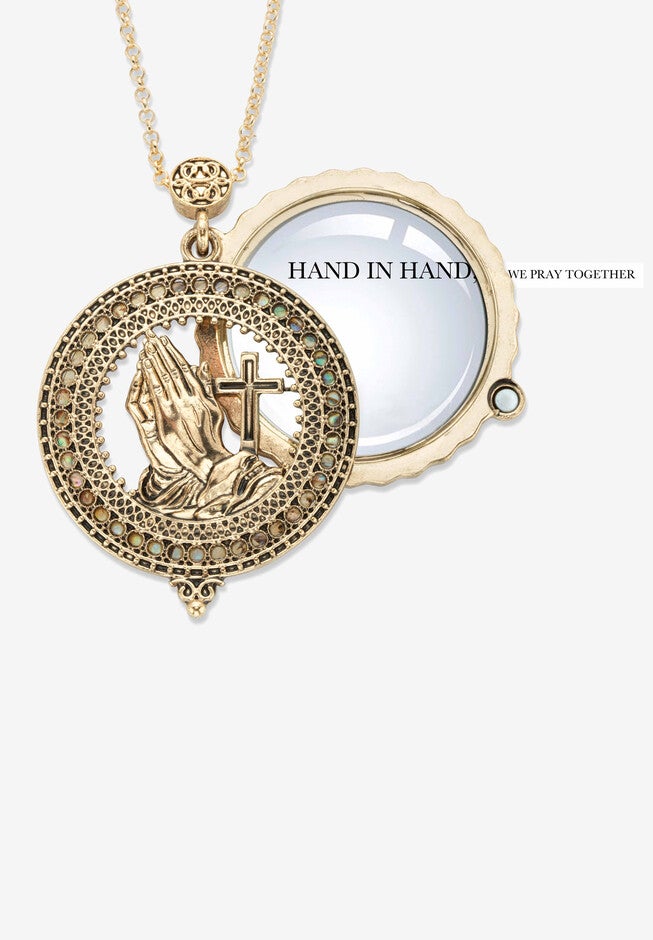 Goldtone Antiqued Praying Hands Locket Magnifier Pendant Necklace 30 inches, GOLD, hi-res image number null