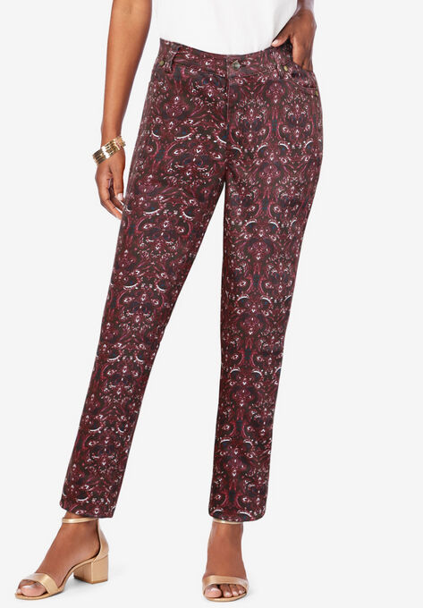 Straight-Leg Jean with Invisible Stretch by Denim 24/7, RICH BURGUNDY PAINTED MEDALLION, hi-res image number null
