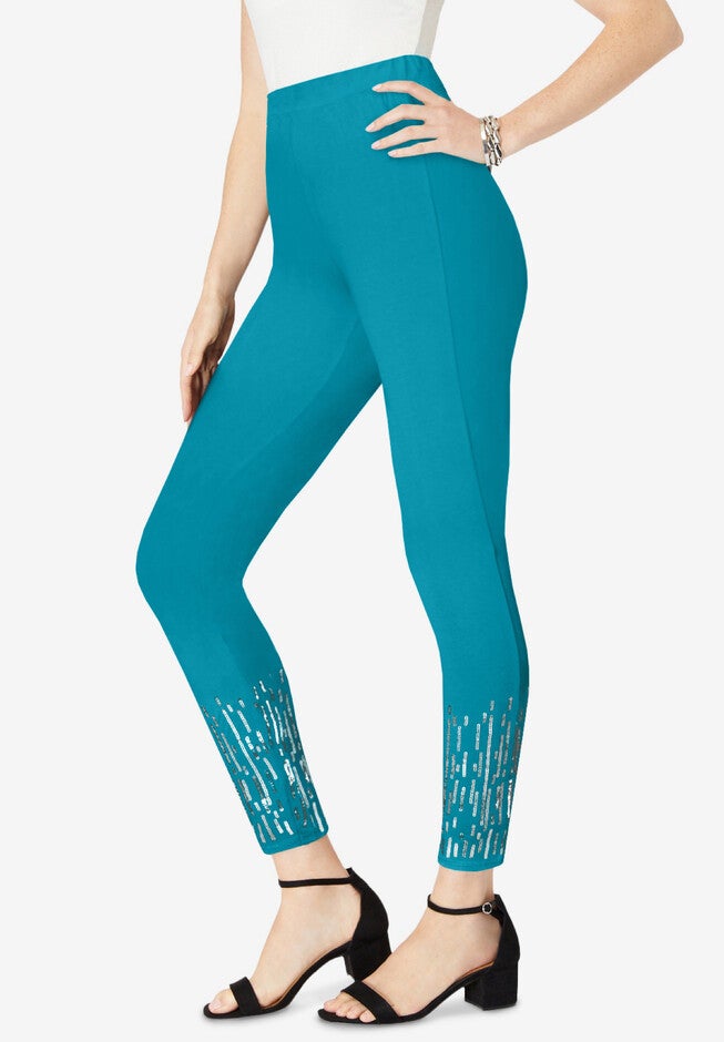 Rhinestone Side-Seam Essential Stretch Legging, DEEP TURQUOISE SEQUIN WATERFALL, hi-res image number 0